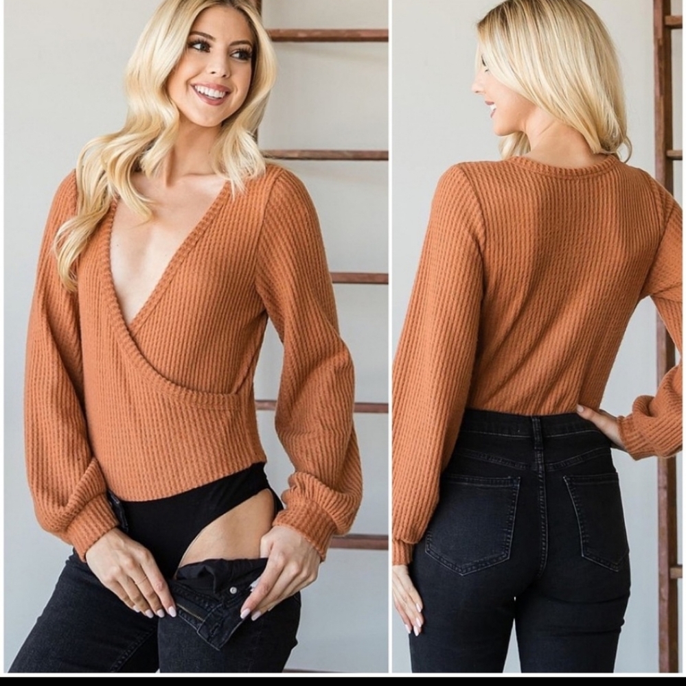Deep V Neck Waffle Knit Wrap Bodysuit with Balloon Sleeves